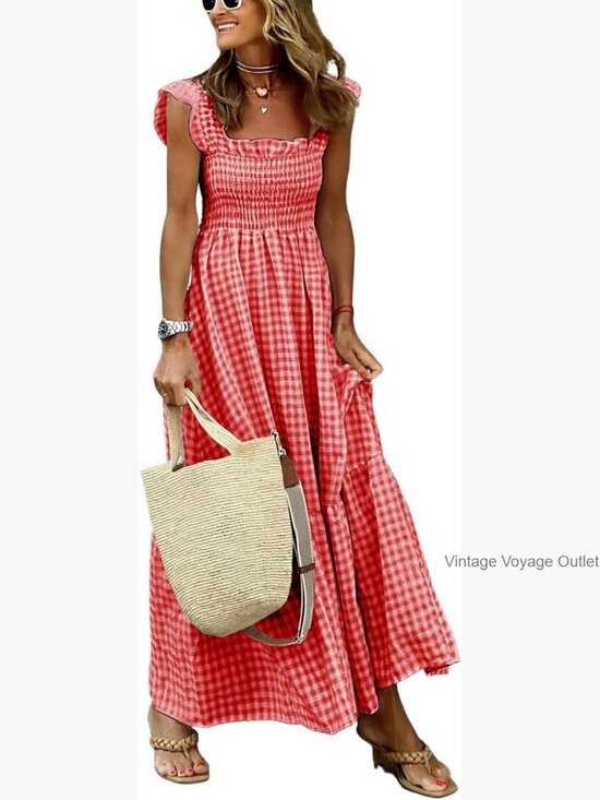 Dresses & Skirts - Sleeveless Smocked Plaid Maxi Dress Flowy Ruffle Boho Casual